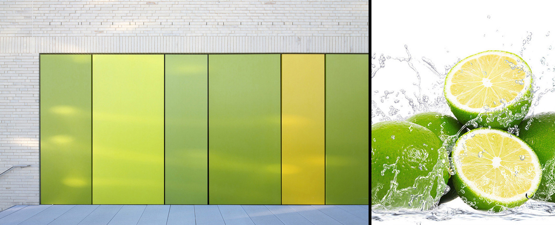 Fassadenfläche in gelb-grün in Kombination mit Limetten